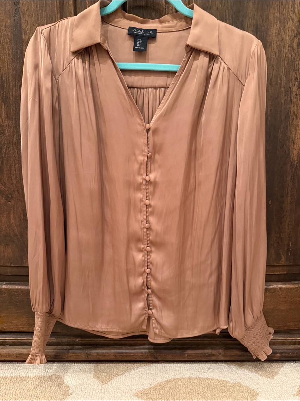 Rachel Zoe Dusty Tan Button-Front Pleated Blouse